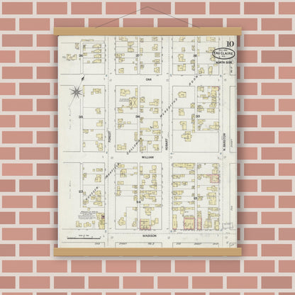 Old map wall art mockup — magnetic wood frame on brick wall — Sanborn Fire Insurance Map from Eau Claire, Eau Claire County, Wisconsin (1889), Sheet #0010
