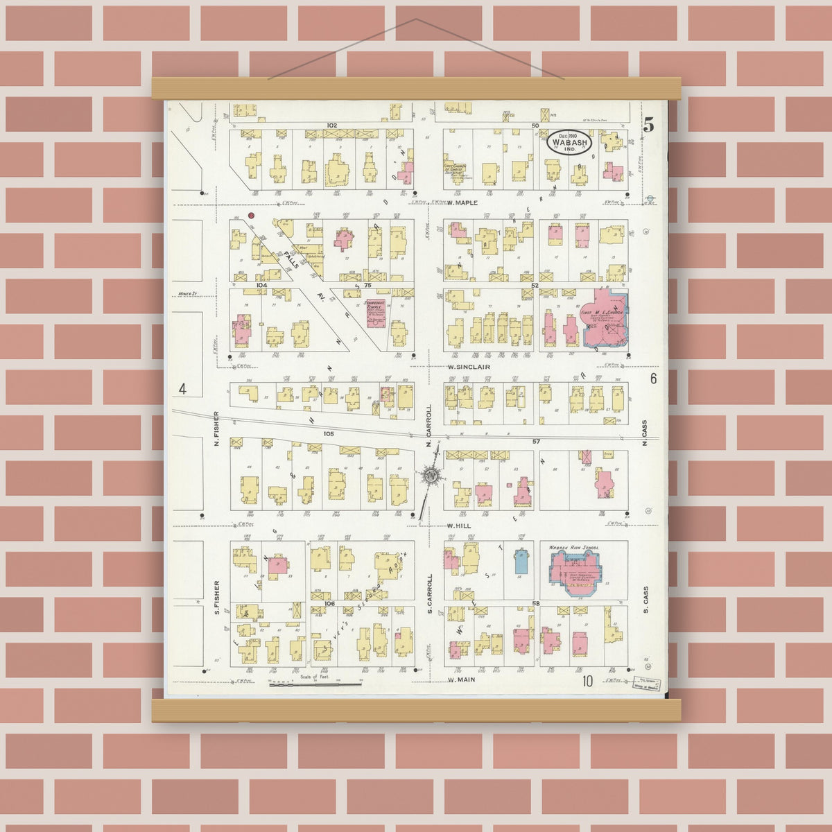 Old map wall art mockup — magnetic wood frame on brick wall — Sanborn Fire Insurance Map from Wabash, Wabash County, Indiana (1910), Sheet #0005