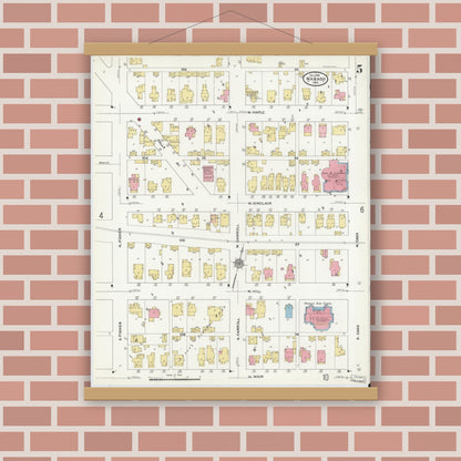 Old map wall art mockup — magnetic wood frame on brick wall — Sanborn Fire Insurance Map from Wabash, Wabash County, Indiana (1910), Sheet #0005