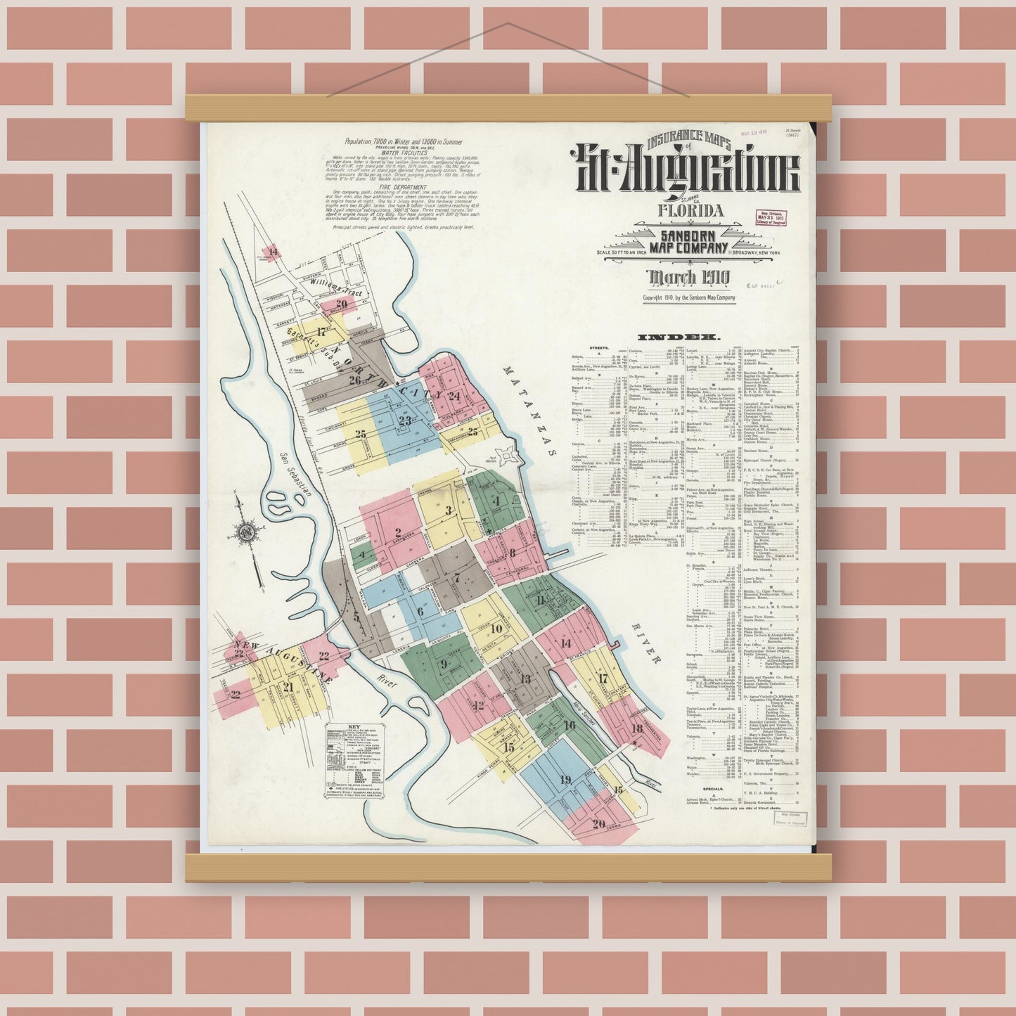 Old map wall art mockup — magnetic wood frame on brick wall — Sanborn Fire Insurance Map from Saint Augustine, Saint John's County, Florida (1910), Sheet #0001