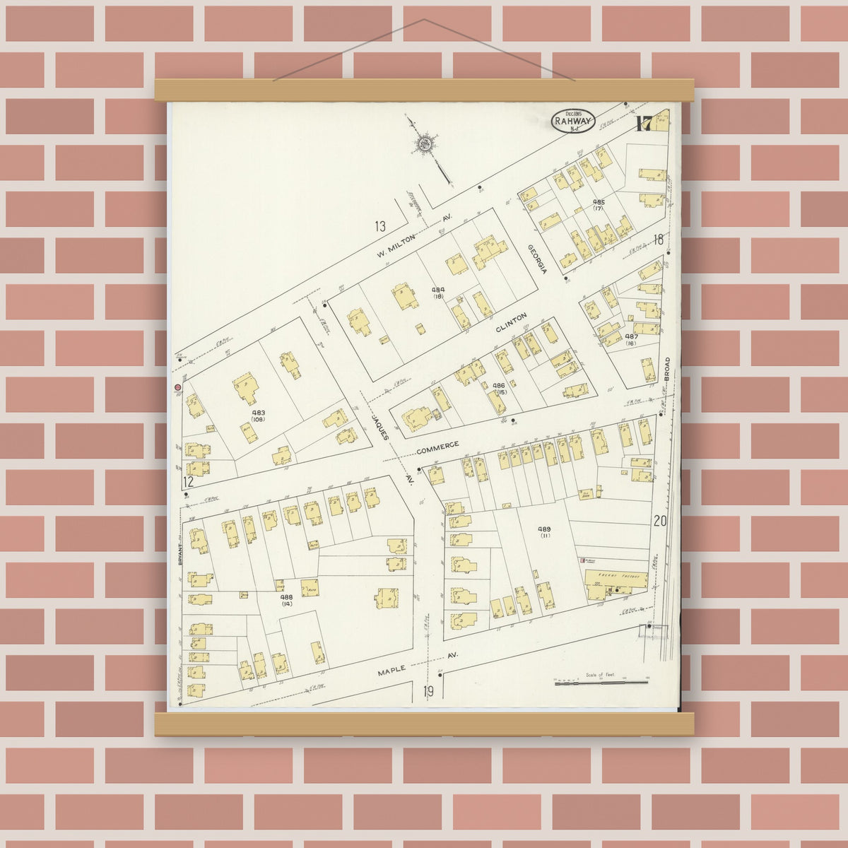 Old map wall art mockup — magnetic wood frame on brick wall — Sanborn Fire Insurance Map from Rahway, Union County, New Jersey (1915), Sheet #0017