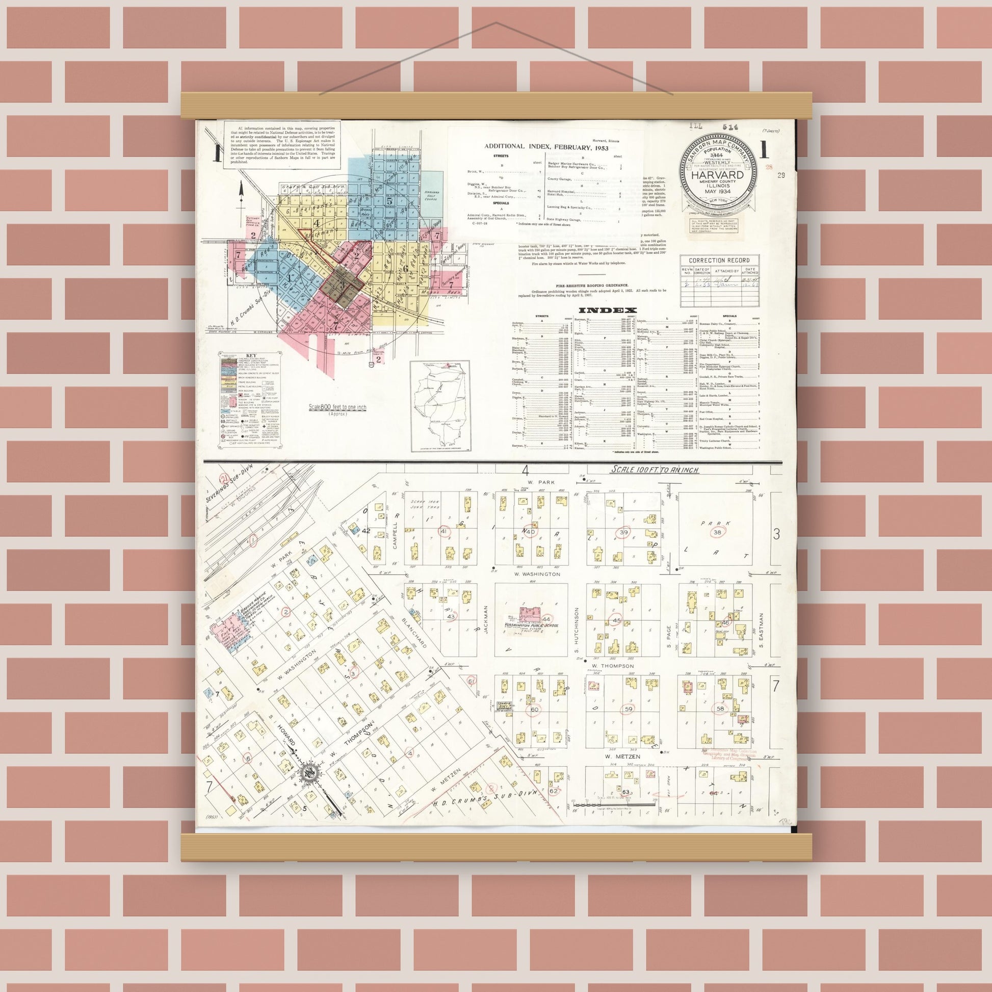 Old map wall art mockup — magnetic wood frame on brick wall — Sanborn Fire Insurance Map from Harvard, McHenry County, Illinois (1953), Sheet #0001