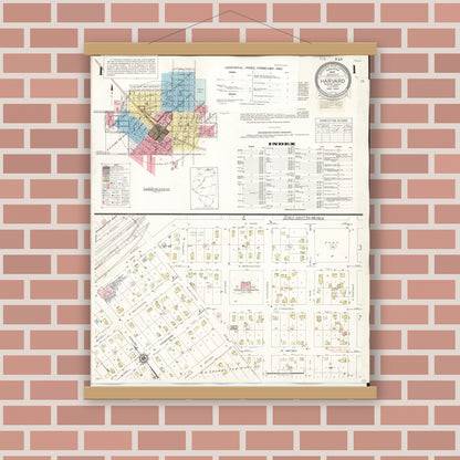 Old map wall art mockup — magnetic wood frame on brick wall — Sanborn Fire Insurance Map from Harvard, McHenry County, Illinois (1953), Sheet #0001