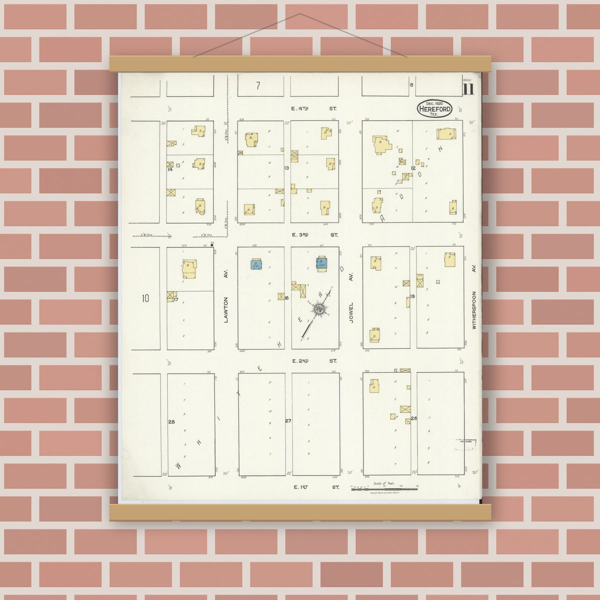 Old map wall art mockup — magnetic wood frame on brick wall — Sanborn Fire Insurance Map from Hereford, Deaf Smith County, Texas (1920), Sheet #0011