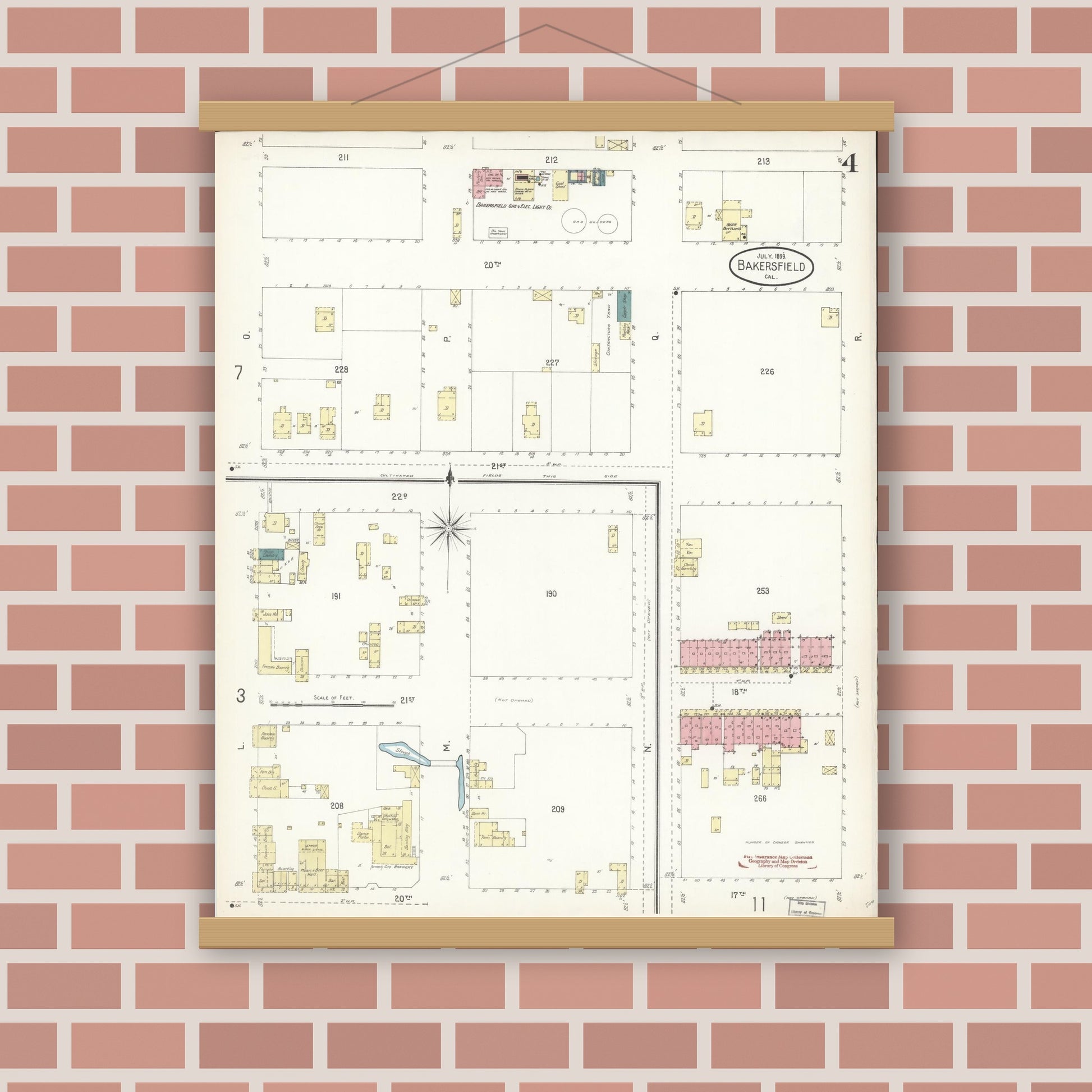 Old map wall art mockup — magnetic wood frame on brick wall — Sanborn Fire Insurance Map from Bakersfield, Kern County, California (1899), Sheet #0004