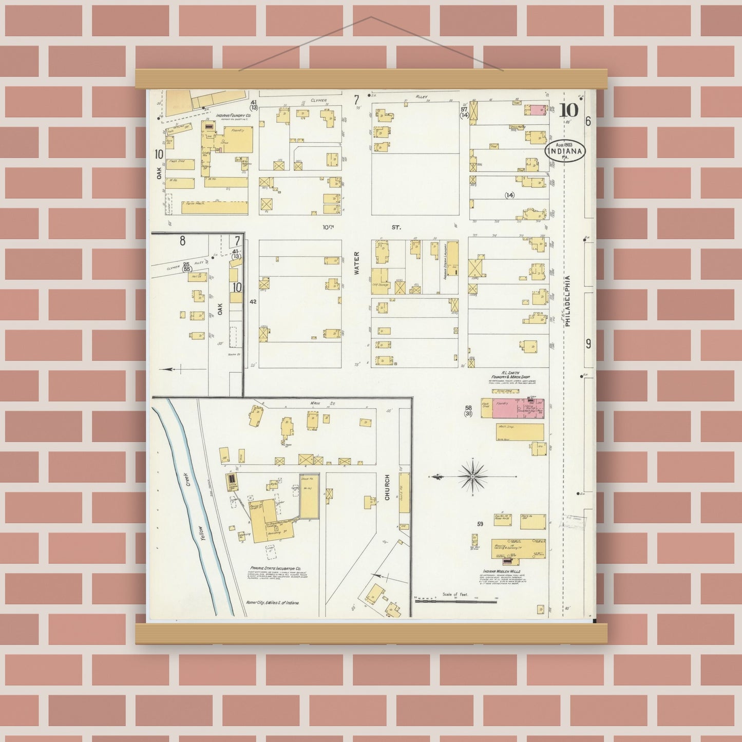 Old map wall art mockup — magnetic wood frame on brick wall — Sanborn Fire Insurance Map from Indiana, Indiana County, Pennsylvania (1903), Sheet #0010