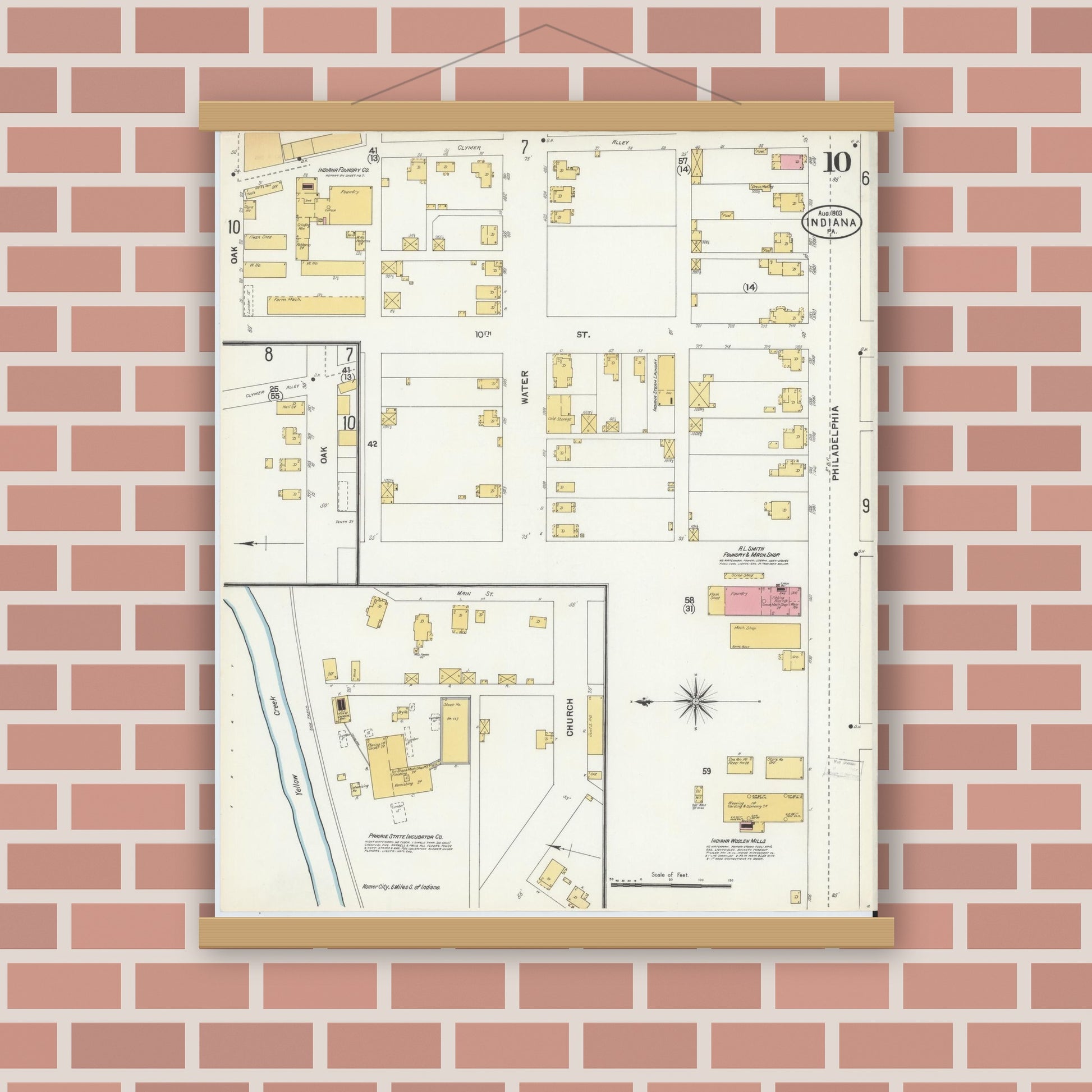 Old map wall art mockup — magnetic wood frame on brick wall — Sanborn Fire Insurance Map from Indiana, Indiana County, Pennsylvania (1903), Sheet #0010