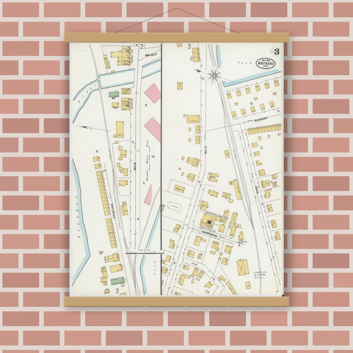 Old map wall art mockup — magnetic wood frame on brick wall — Sanborn Fire Insurance Map from Maynard, Middlesex County, Massachusetts (1899), Sheet #0003