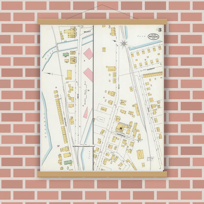 Old map wall art mockup — magnetic wood frame on brick wall — Sanborn Fire Insurance Map from Maynard, Middlesex County, Massachusetts (1899), Sheet #0003