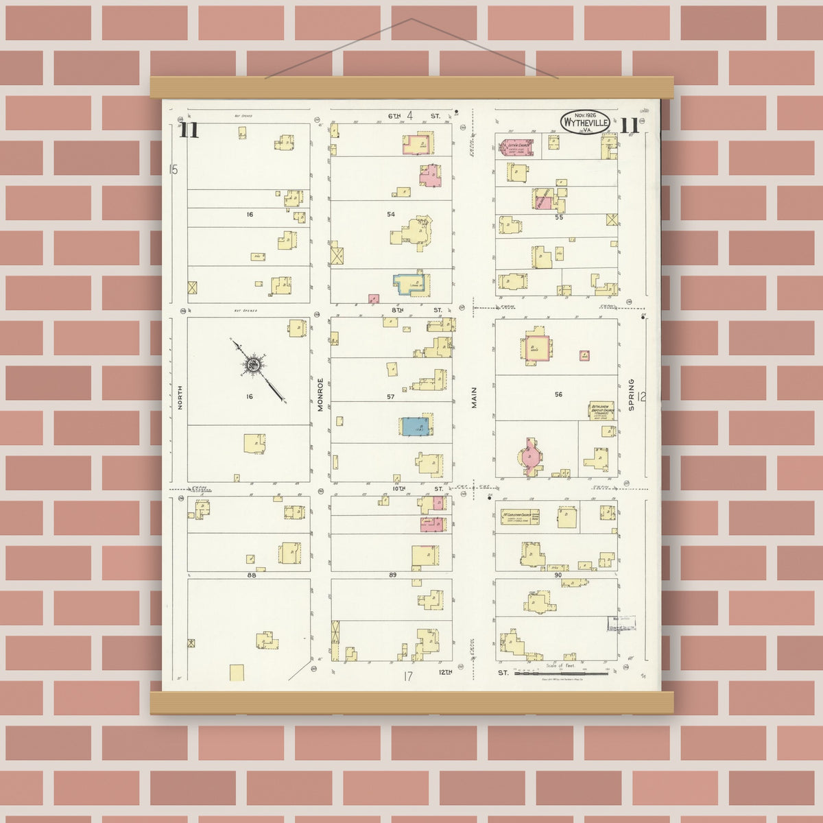 Old map wall art mockup — magnetic wood frame on brick wall — Sanborn Fire Insurance Map from Wytheville, Wythe County, Virginia (1926), Sheet #0011
