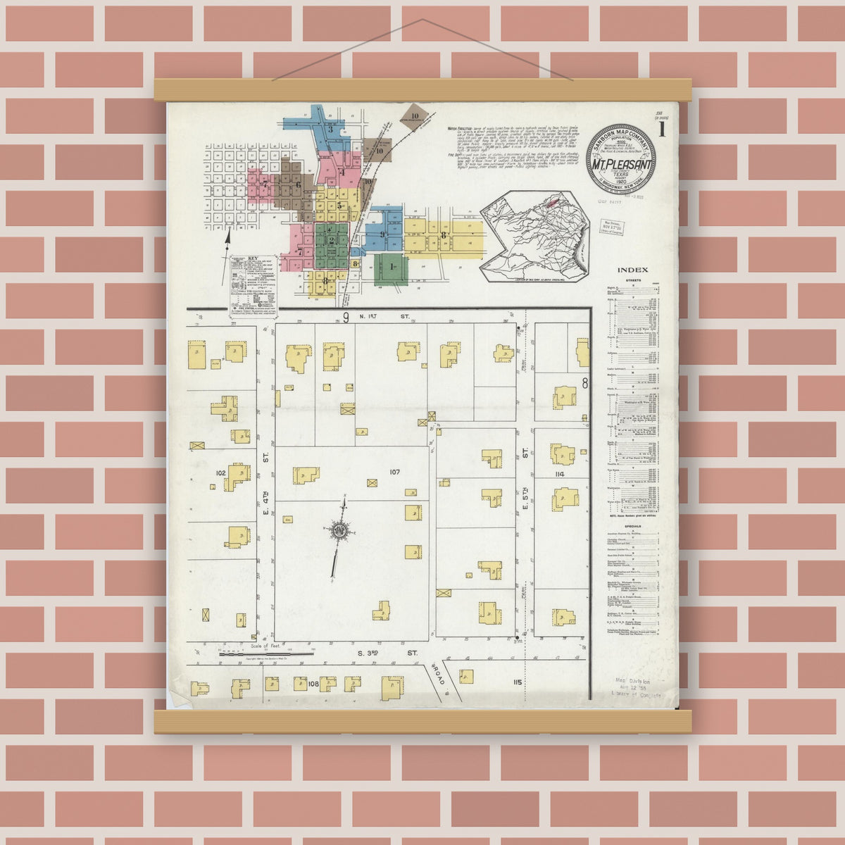 Old map wall art mockup — magnetic wood frame on brick wall — Sanborn Fire Insurance Map from Mount Pleasant, Titus County, Texas (1920), Sheet #0001