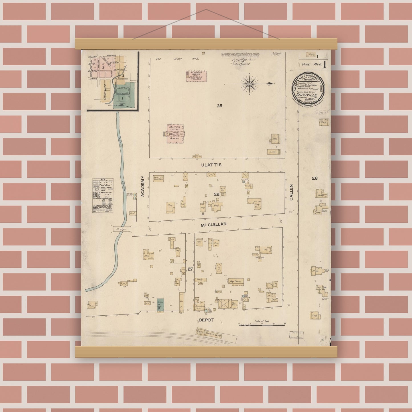 Old map wall art mockup — magnetic wood frame on brick wall — Sanborn Fire Insurance Map from Vacaville, Solano County, California (1886) - Complete Map Set