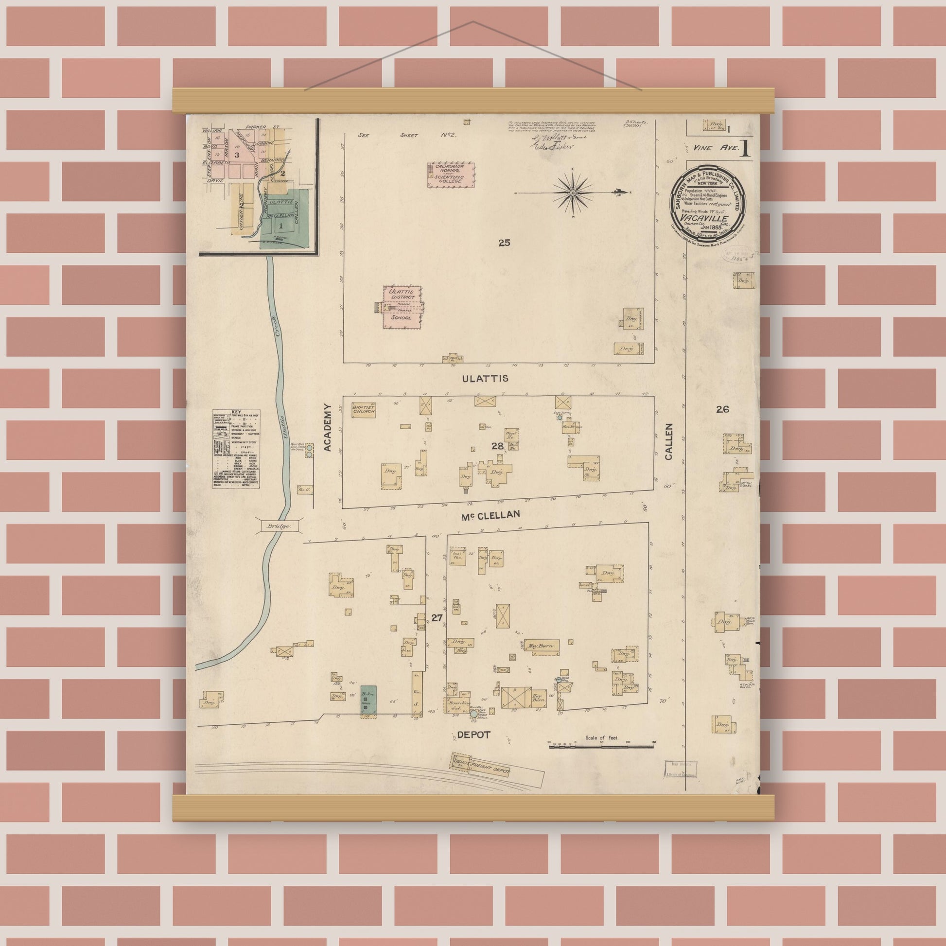 Old map wall art mockup — magnetic wood frame on brick wall — Sanborn Fire Insurance Map from Vacaville, Solano County, California (1886) - Complete Map Set