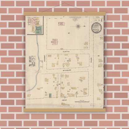 Old map wall art mockup — magnetic wood frame on brick wall — Sanborn Fire Insurance Map from Vacaville, Solano County, California (1886) - Complete Map Set
