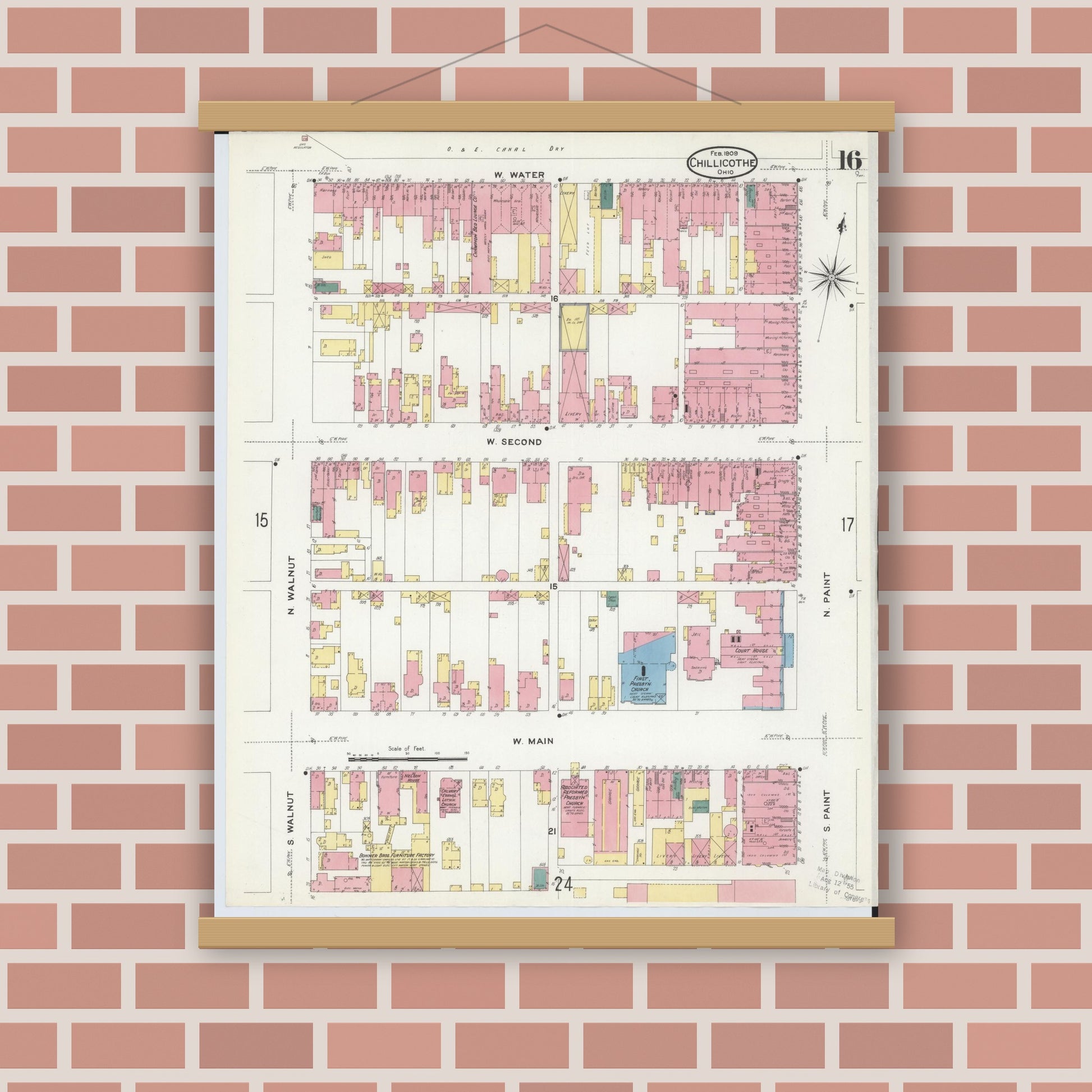 Old map wall art mockup — magnetic wood frame on brick wall — Sanborn Fire Insurance Map from Chillicothe, Ross County, Ohio (1909), Sheet #0016