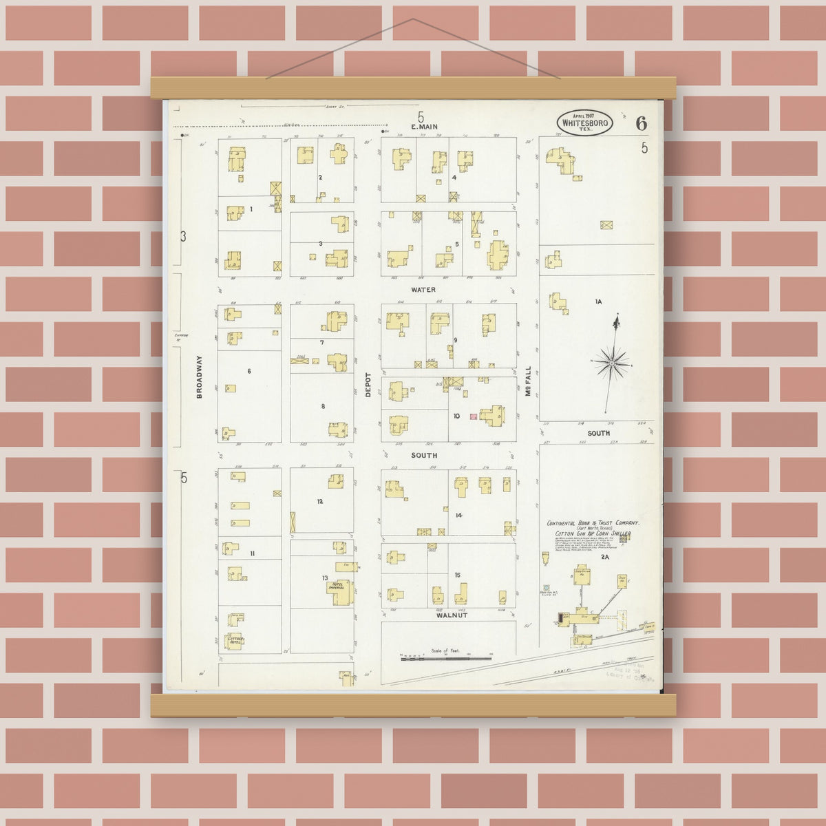 Old map wall art mockup — magnetic wood frame on brick wall — Sanborn Fire Insurance Map from Whitesboro, Grayson County, Texas (1907), Sheet #0006