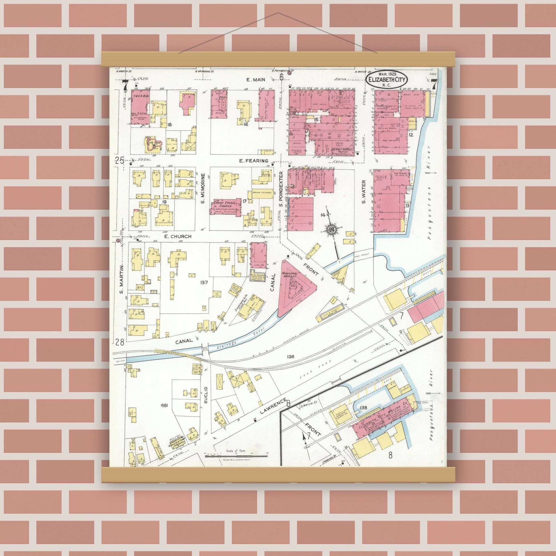 Old map wall art mockup — magnetic wood frame on brick wall — Sanborn Fire Insurance Map from Elizabeth City, Pasquotank County, North Carolina (1923), Sheet #0007