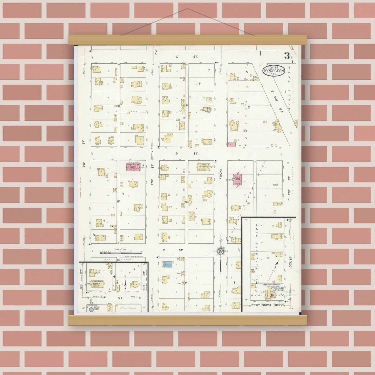 Old map wall art mockup — magnetic wood frame on brick wall — Sanborn Fire Insurance Map from Forreston, Ogle County, Illinois (1912), Sheet #0003