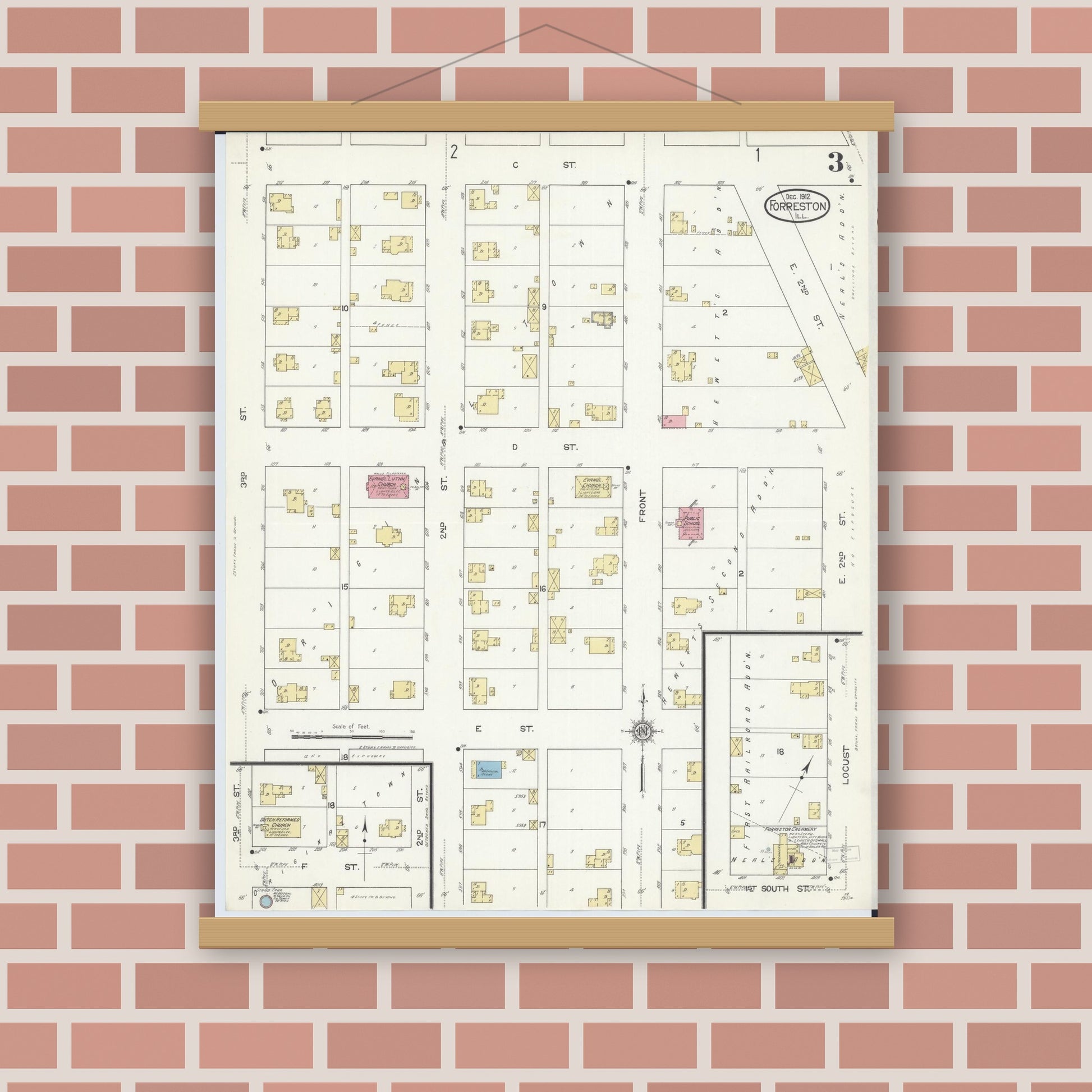 Old map wall art mockup — magnetic wood frame on brick wall — Sanborn Fire Insurance Map from Forreston, Ogle County, Illinois (1912), Sheet #0003