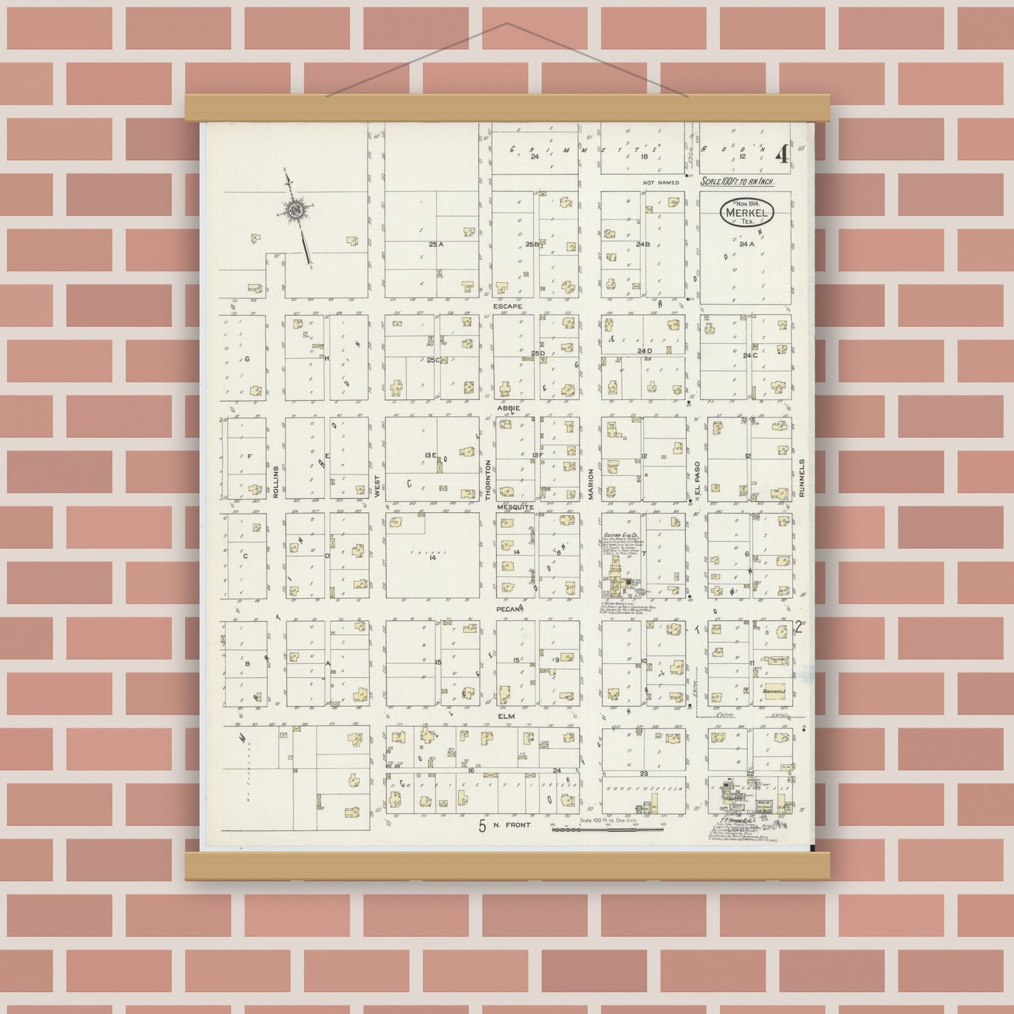 Old map wall art mockup — magnetic wood frame on brick wall — Sanborn Fire Insurance Map from Merkel, Taylor County, Texas (1914), Sheet #0004