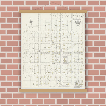 Old map wall art mockup — magnetic wood frame on brick wall — Sanborn Fire Insurance Map from Merkel, Taylor County, Texas (1914), Sheet #0004