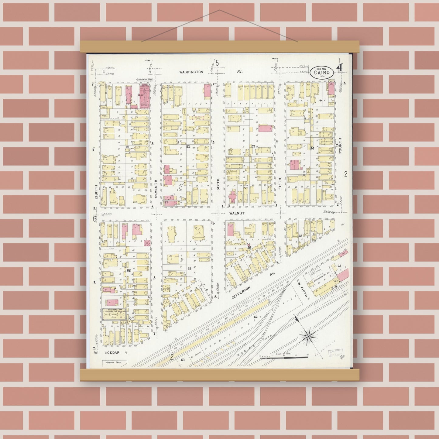 Old map wall art mockup — magnetic wood frame on brick wall — Sanborn Fire Insurance Map from Cairo, Alexander County, Illinois (1907), Sheet #0004