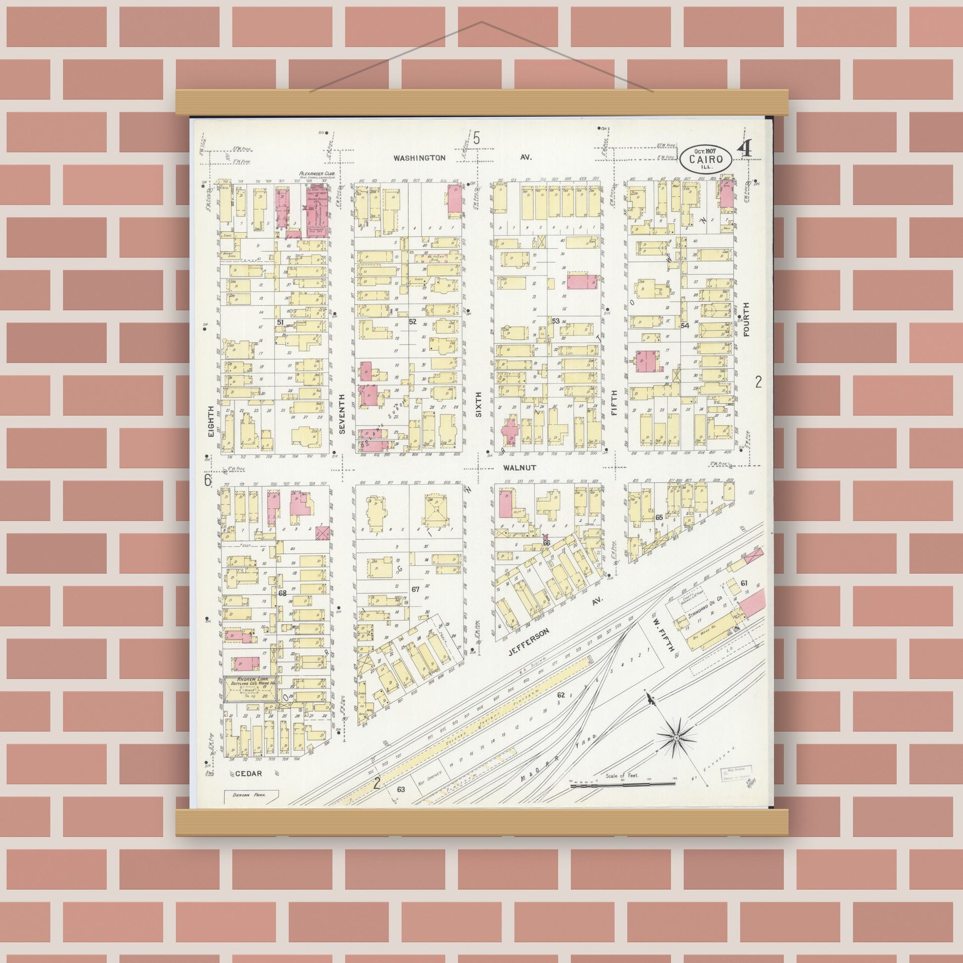 Old map wall art mockup — magnetic wood frame on brick wall — Sanborn Fire Insurance Map from Cairo, Alexander County, Illinois (1907), Sheet #0004