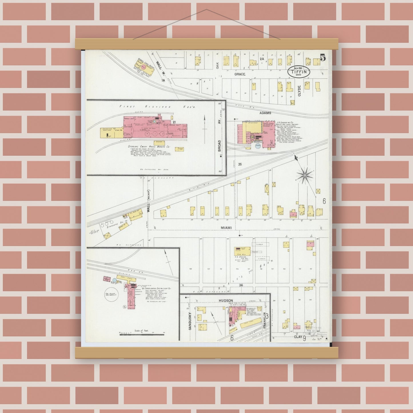 Old map wall art mockup — magnetic wood frame on brick wall — Sanborn Fire Insurance Map from Tiffin, Seneca County, Ohio (1901), Sheet #0005