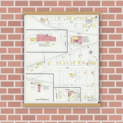 Old map wall art mockup — magnetic wood frame on brick wall — Sanborn Fire Insurance Map from Tiffin, Seneca County, Ohio (1901), Sheet #0005
