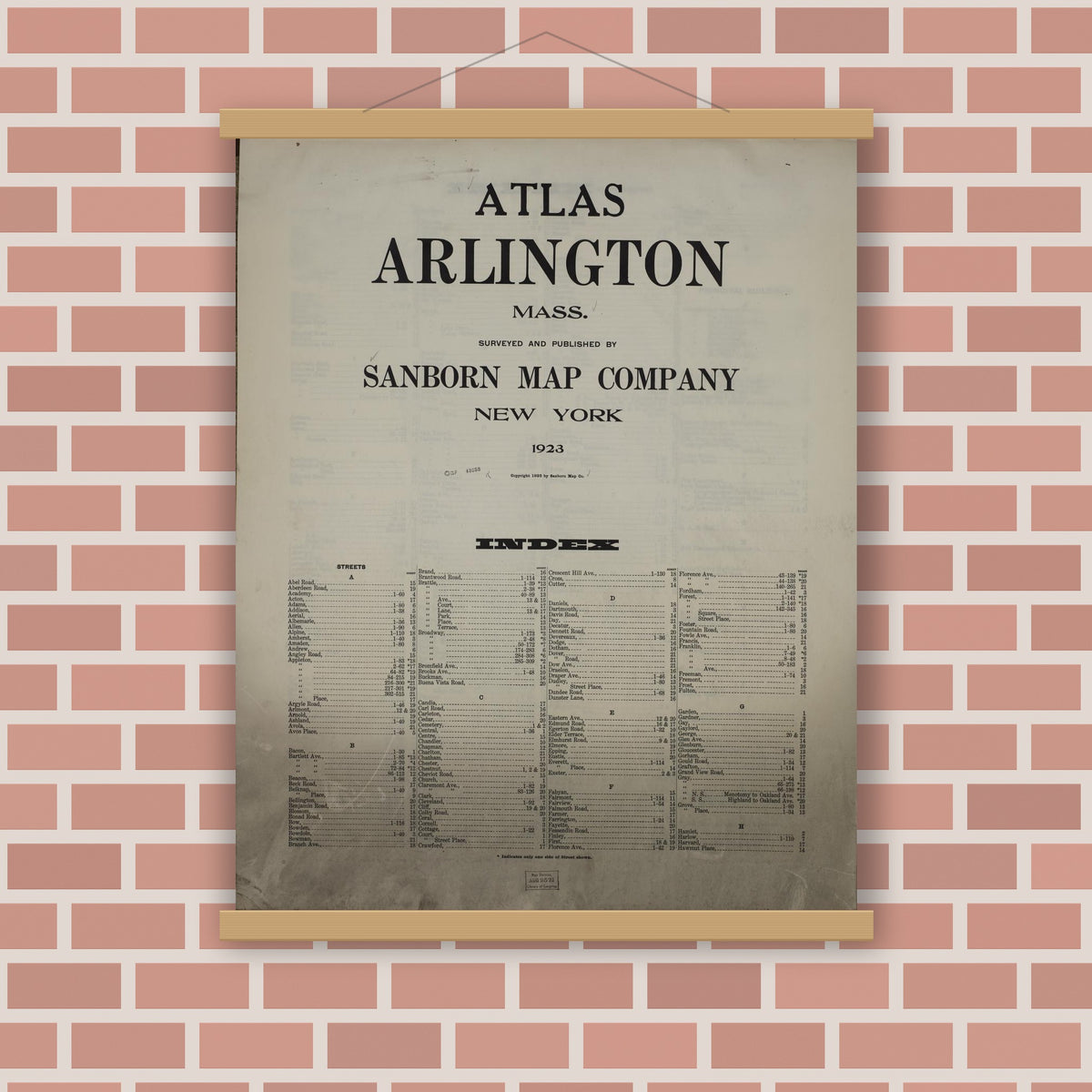 Old map wall art mockup — magnetic wood frame on brick wall — Sanborn Fire Insurance Map from Arlington, Middlesex County, Massachusetts (1923), Sheet #0001