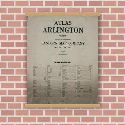 Old map wall art mockup — magnetic wood frame on brick wall — Sanborn Fire Insurance Map from Arlington, Middlesex County, Massachusetts (1923), Sheet #0001