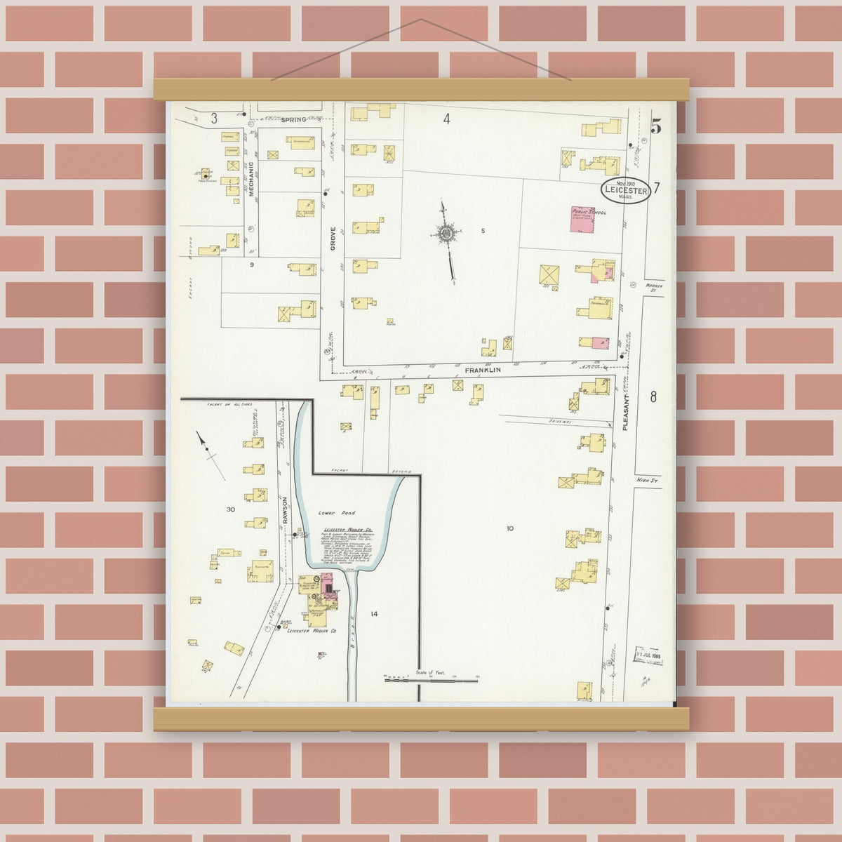 Old map wall art mockup — magnetic wood frame on brick wall — Sanborn Fire Insurance Map from Leicester, Worcester County, Massachusetts (1910), Sheet #0005