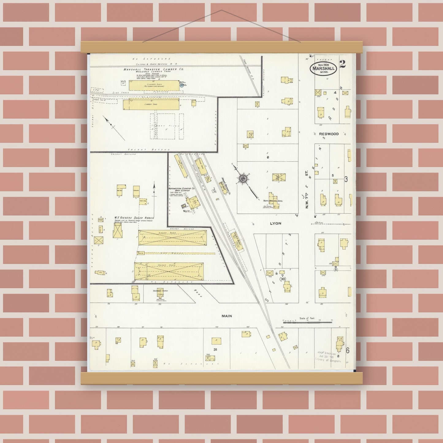 Old map wall art mockup — magnetic wood frame on brick wall — Sanborn Fire Insurance Map from Marshall, Lyon County, Minnesota (1909), Sheet #0002