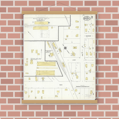 Old map wall art mockup — magnetic wood frame on brick wall — Sanborn Fire Insurance Map from Marshall, Lyon County, Minnesota (1909), Sheet #0002