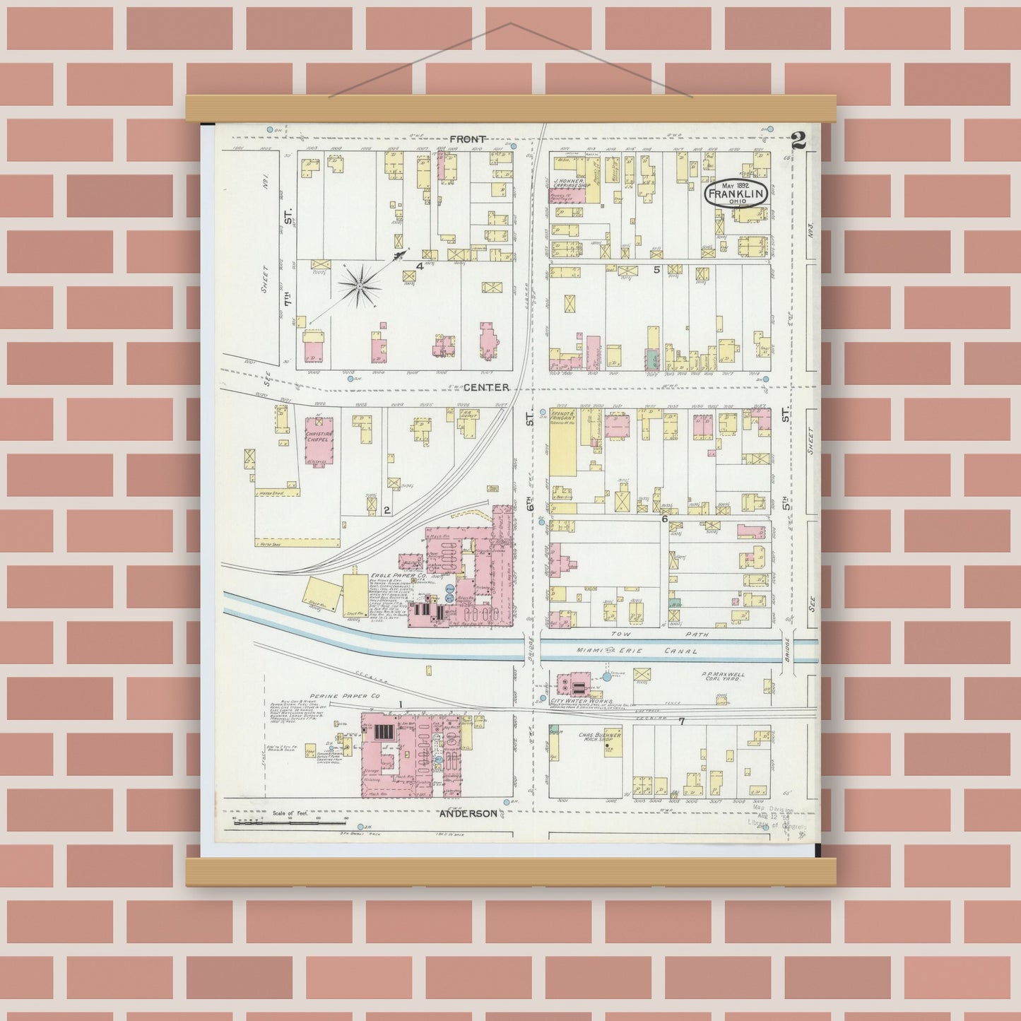 Old map wall art mockup — magnetic wood frame on brick wall — Sanborn Fire Insurance Map from Franklin, Warren County, Ohio (1892), Sheet #0002