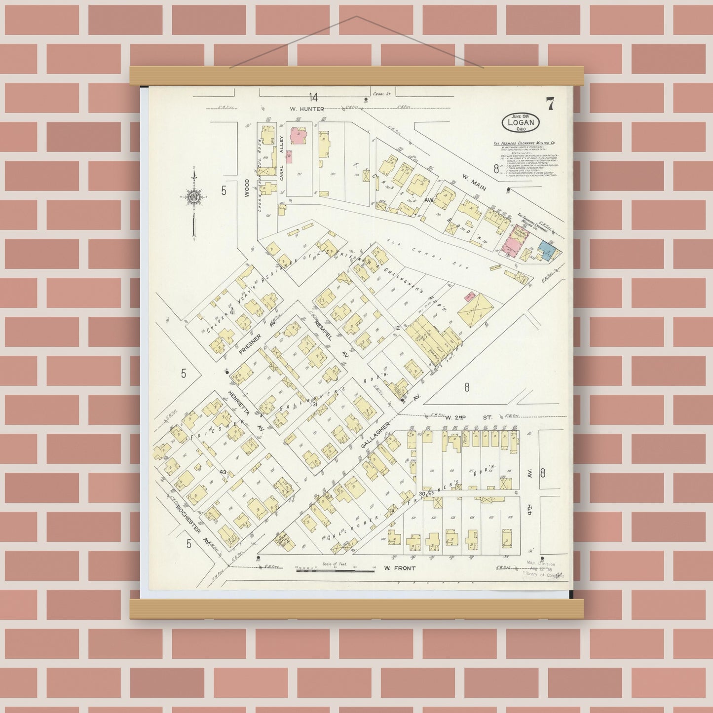 Old map wall art mockup — magnetic wood frame on brick wall — Sanborn Fire Insurance Map from Logan, Hocking County, Ohio (1914), Sheet #0007