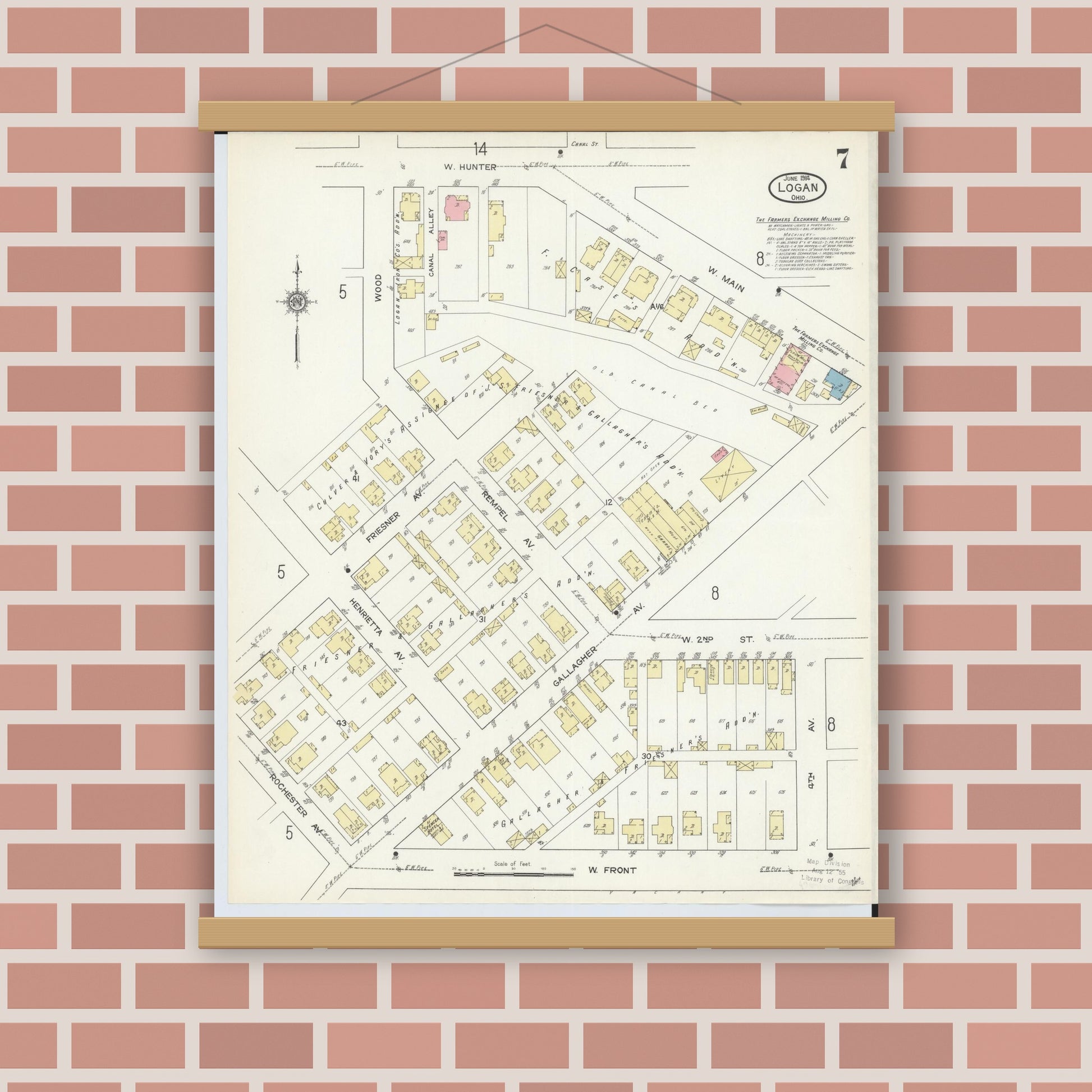 Old map wall art mockup — magnetic wood frame on brick wall — Sanborn Fire Insurance Map from Logan, Hocking County, Ohio (1914), Sheet #0007