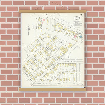 Old map wall art mockup — magnetic wood frame on brick wall — Sanborn Fire Insurance Map from Logan, Hocking County, Ohio (1914), Sheet #0007