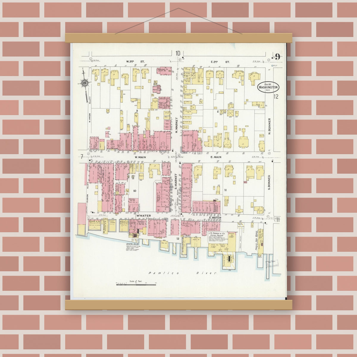 Old map wall art mockup — magnetic wood frame on brick wall — Sanborn Fire Insurance Map from Washington, Beaufort County, North Carolina (1911), Sheet #0009