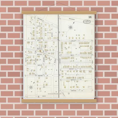 Old map wall art mockup — magnetic wood frame on brick wall — Sanborn Fire Insurance Map from Flushing, Queens County, New York (1897), Sheet #0014