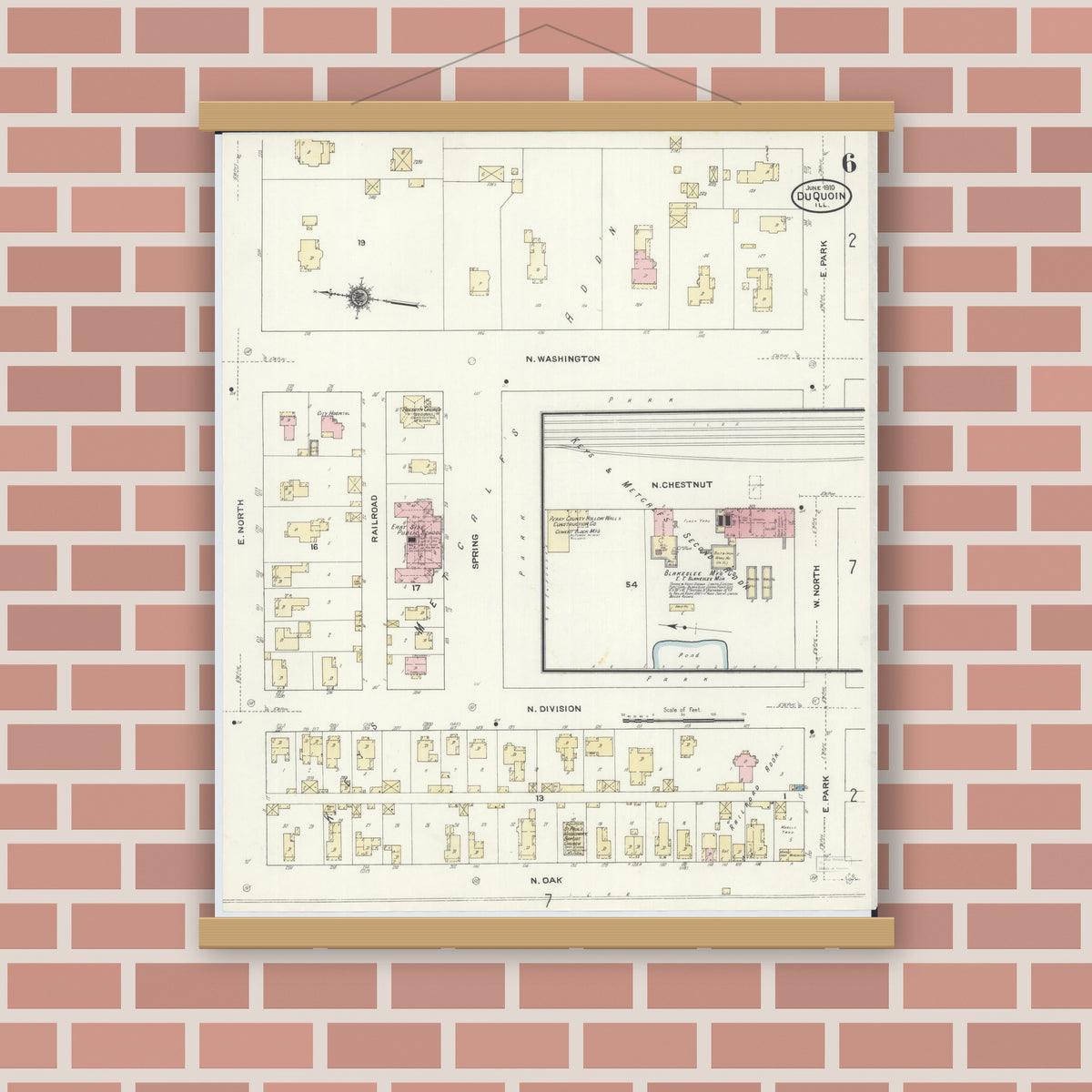 Old map wall art mockup — magnetic wood frame on brick wall — Sanborn Fire Insurance Map from Du Quoin, Perry County, Illinois (1910), Sheet #0006