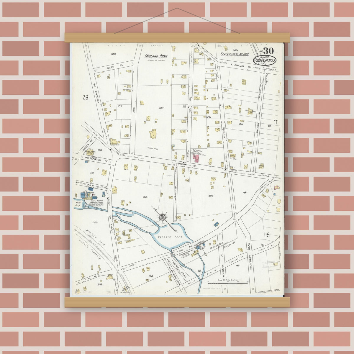 Old map wall art mockup — magnetic wood frame on brick wall — Sanborn Fire Insurance Map from Ridgewood, Bergen County, New Jersey (1916), Sheet #0030