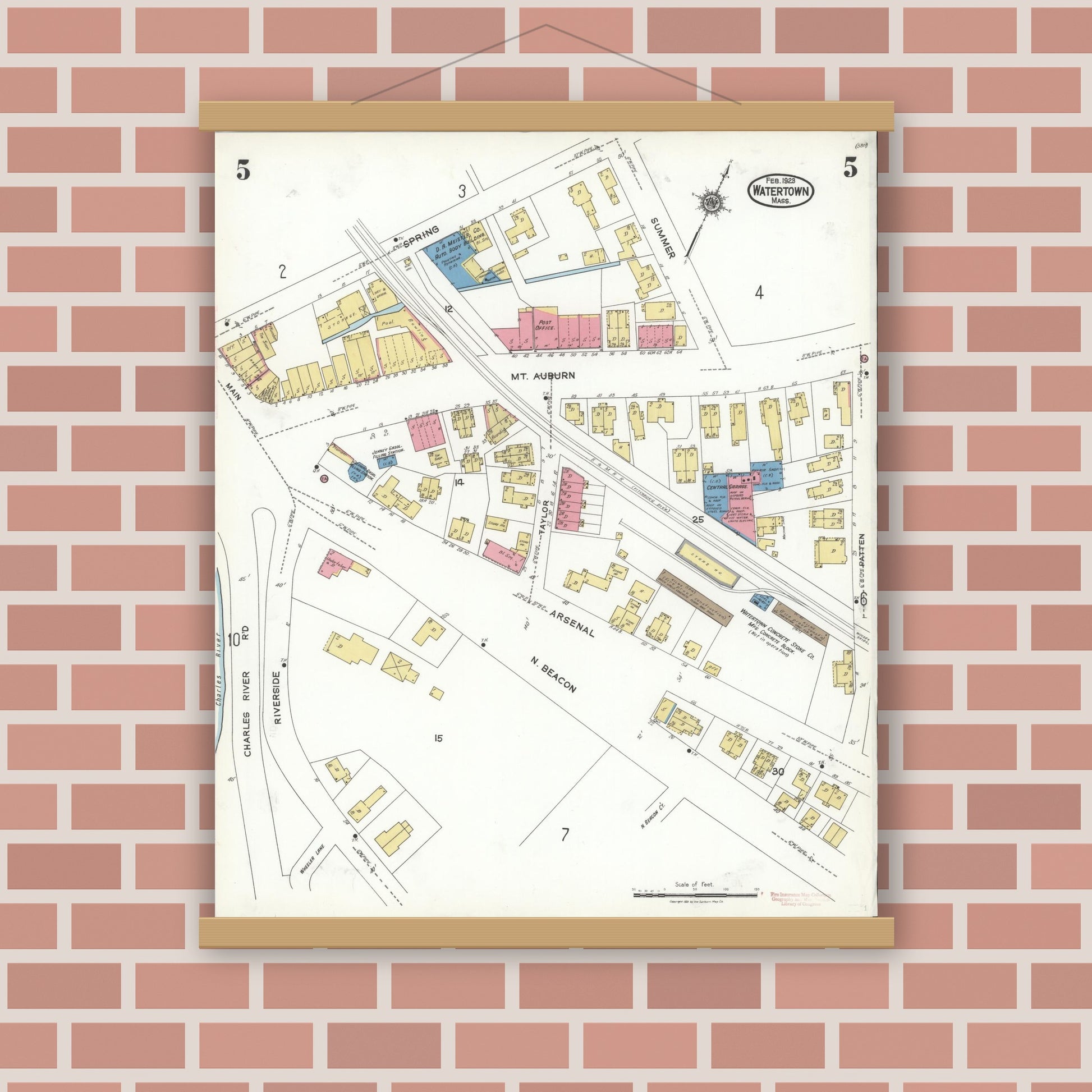 Old map wall art mockup — magnetic wood frame on brick wall — Sanborn Fire Insurance Map from Watertown, Middlesex County, Massachusetts (1923), Sheet #0005