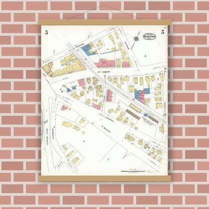 Old map wall art mockup — magnetic wood frame on brick wall — Sanborn Fire Insurance Map from Watertown, Middlesex County, Massachusetts (1923), Sheet #0005