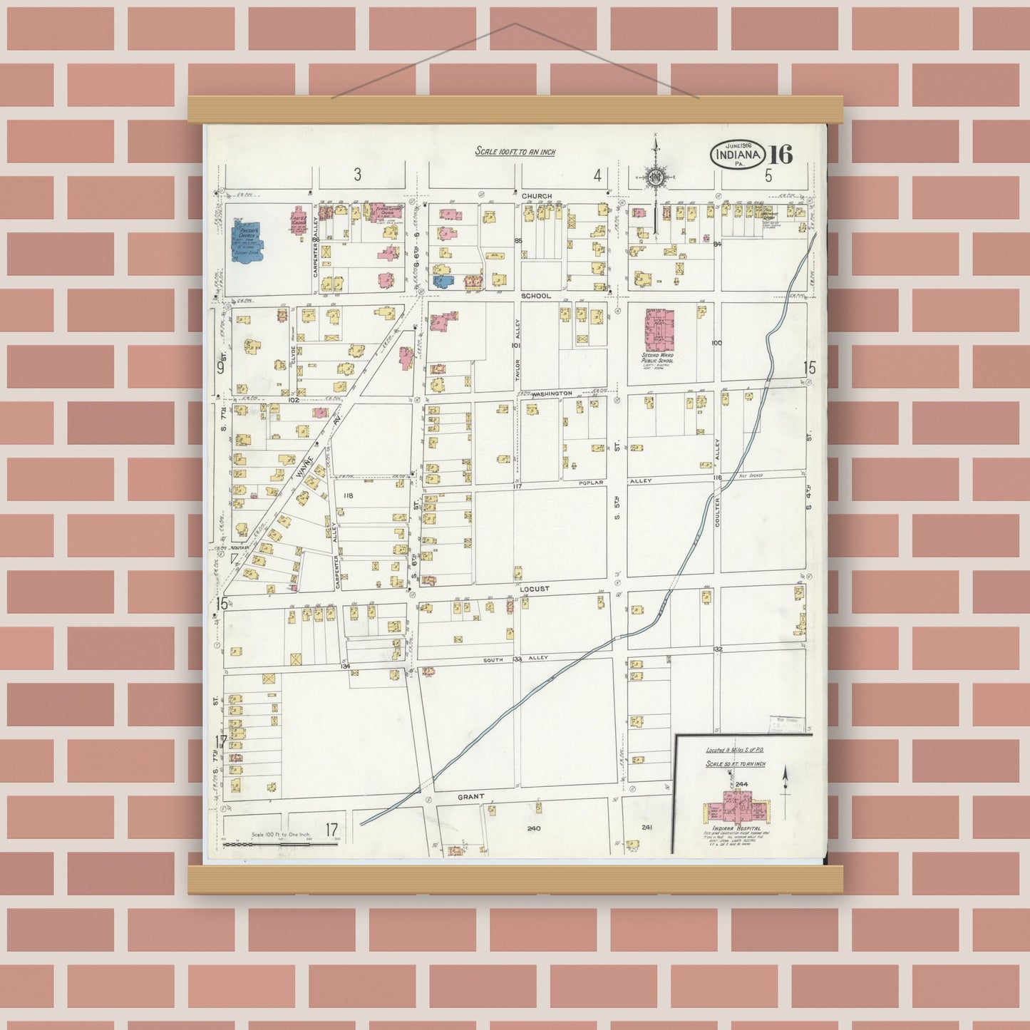 Old map wall art mockup — magnetic wood frame on brick wall — Sanborn Fire Insurance Map from Indiana, Indiana County, Pennsylvania (1916), Sheet #0016
