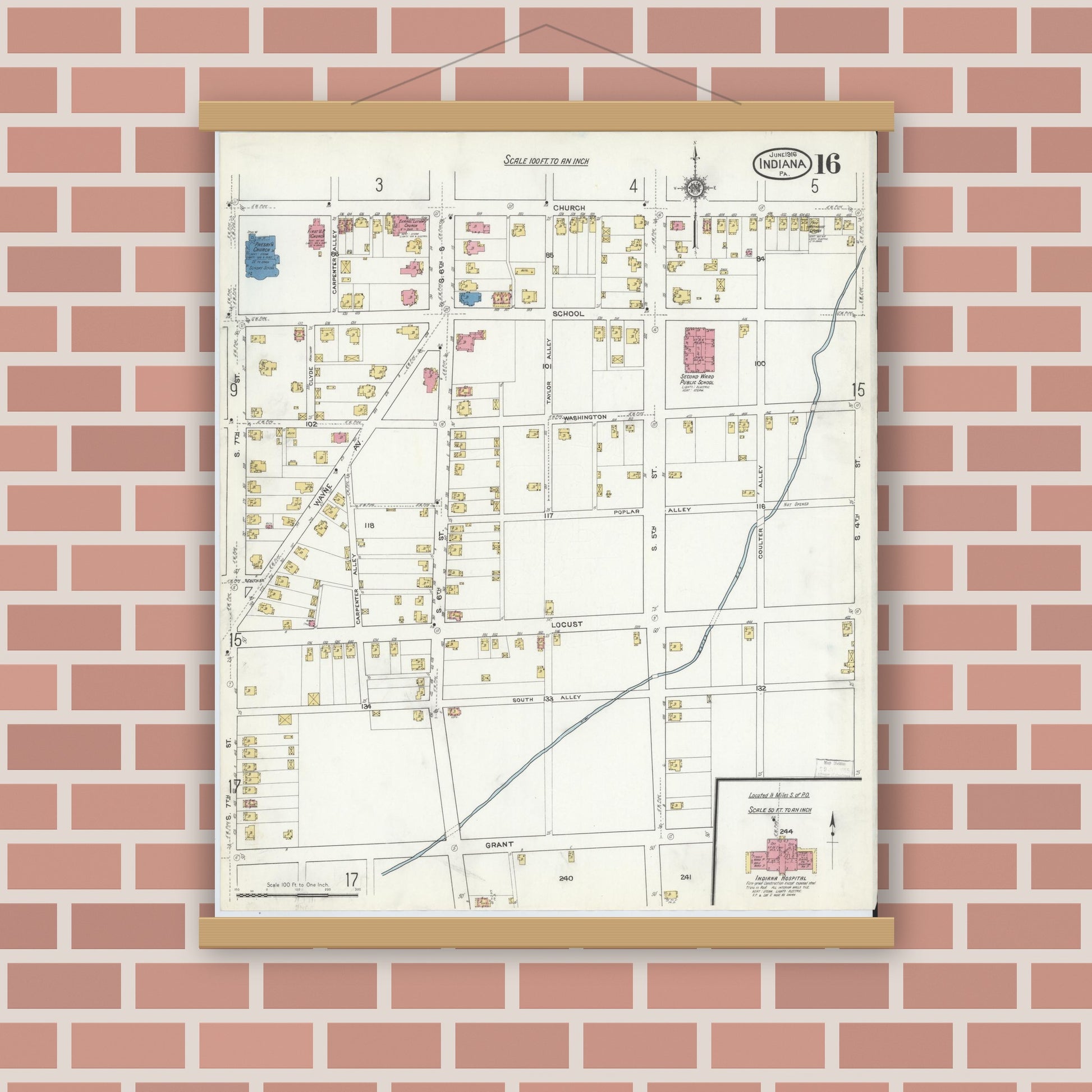 Old map wall art mockup — magnetic wood frame on brick wall — Sanborn Fire Insurance Map from Indiana, Indiana County, Pennsylvania (1916), Sheet #0016