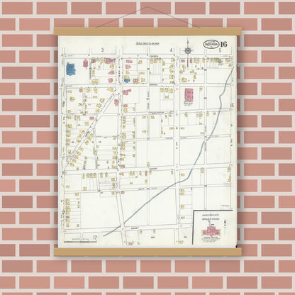 Old map wall art mockup — magnetic wood frame on brick wall — Sanborn Fire Insurance Map from Indiana, Indiana County, Pennsylvania (1916), Sheet #0016