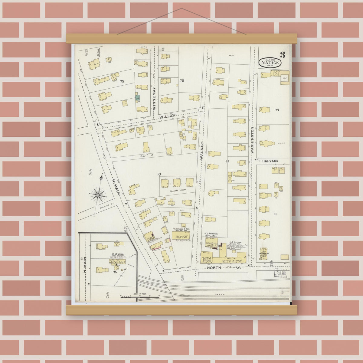Old map wall art mockup — magnetic wood frame on brick wall — Sanborn Fire Insurance Map from Natick, Middlesex County, Massachusetts (1894), Sheet #0003