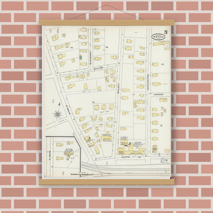 Old map wall art mockup — magnetic wood frame on brick wall — Sanborn Fire Insurance Map from Natick, Middlesex County, Massachusetts (1894), Sheet #0003