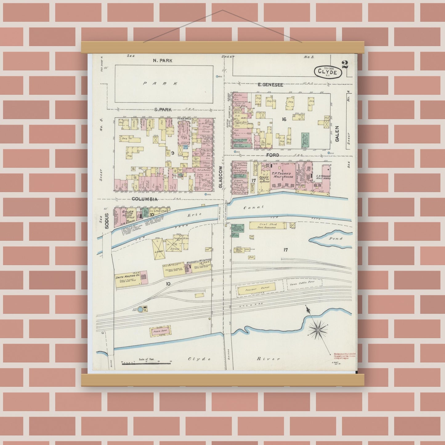 Old map wall art mockup — magnetic wood frame on brick wall — Sanborn Fire Insurance Map from Clyde, Wayne County, New York (1890), Sheet #0002